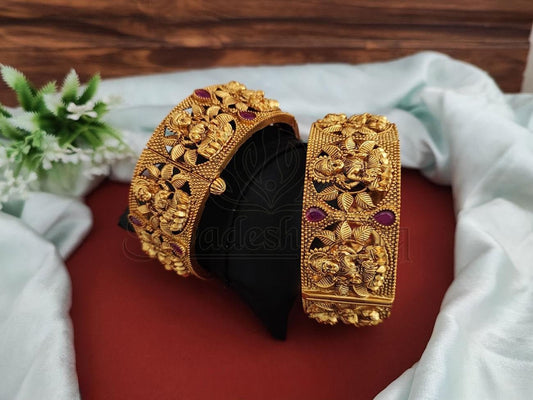 Embrace the Divinity of Indian Culture with Our Temple Design Bangles Embellished with Ruby Stones. - swadeshsouq.com