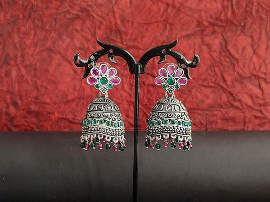 Emerald and Ruby Embossed Jhumkas with Beaded Bottom. - swadeshsouq.com