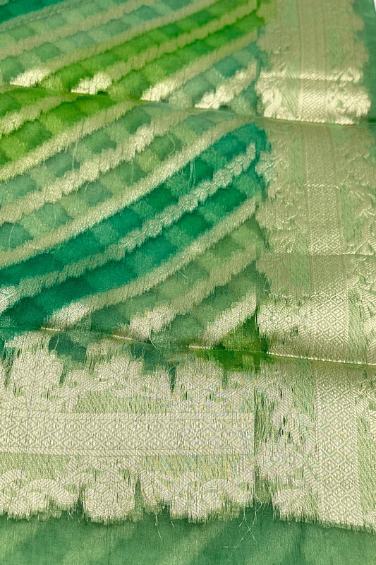 Emerald Elegance: Green Banarasi Pure Organza Dupatta - swadeshsouq.com