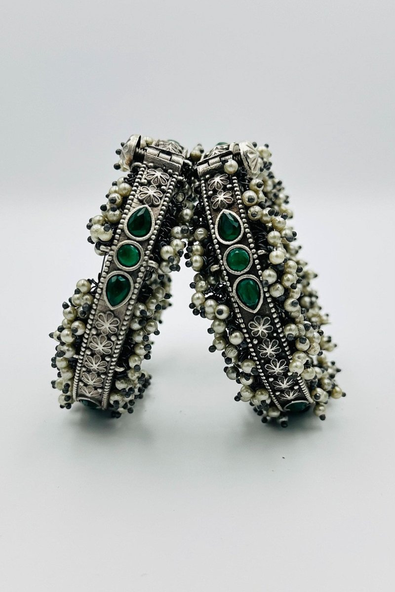 Emerald Elegance: Green Stone and Pearl Silver Bangles - swadeshsouq.com