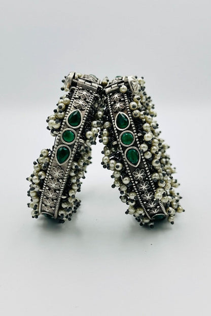 Emerald Elegance: Green Stone and Pearl Silver Bangles - swadeshsouq.com