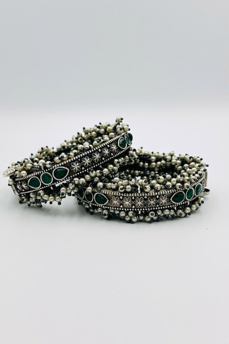 Emerald Elegance: Green Stone and Pearl Silver Bangles - swadeshsouq.com