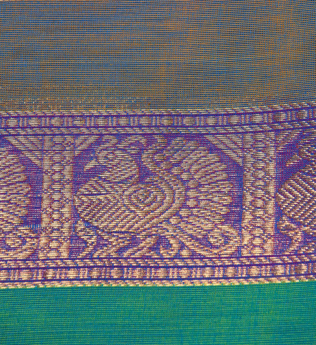 "Emerald Enchantment" - Blue and Green Long Border Chettinad Cotton Saree - swadeshsouq.com