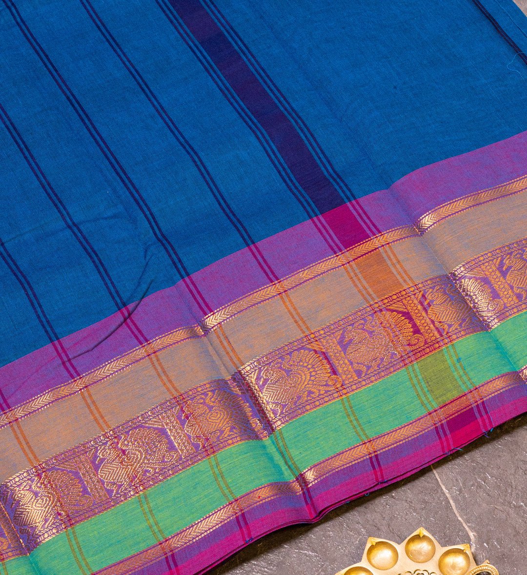 "Emerald Enchantment" - Blue and Green Long Border Chettinad Cotton Saree - swadeshsouq.com