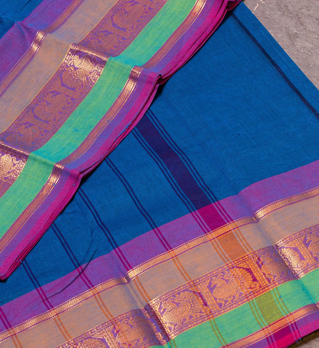 "Emerald Enchantment" - Blue and Green Long Border Chettinad Cotton Saree - swadeshsouq.com