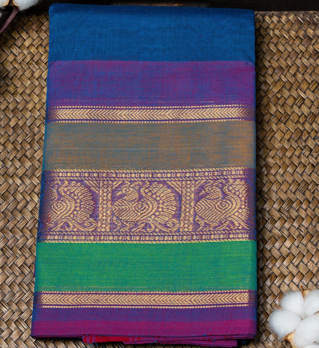 "Emerald Enchantment" - Blue and Green Long Border Chettinad Cotton Saree - swadeshsouq.com