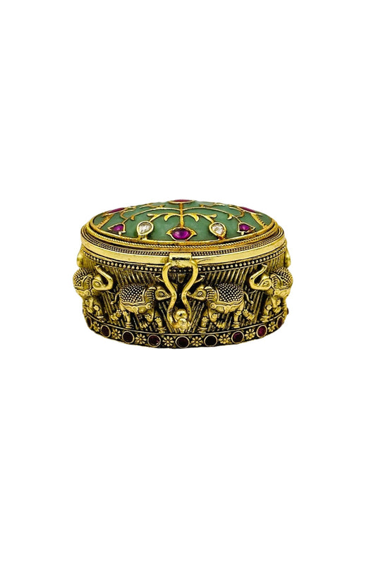 Emerald Essence: Curved Keepsake Box with Jadau and Meenakari Splendor - swadeshsouq.com