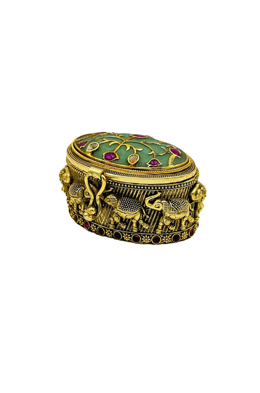 Emerald Essence: Curved Keepsake Box with Jadau and Meenakari Splendor - swadeshsouq.com