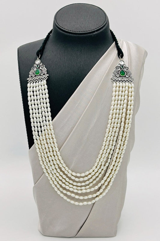 Emerald Grace: Green Pearl Necklace Set with Peacock Design - swadeshsouq.com