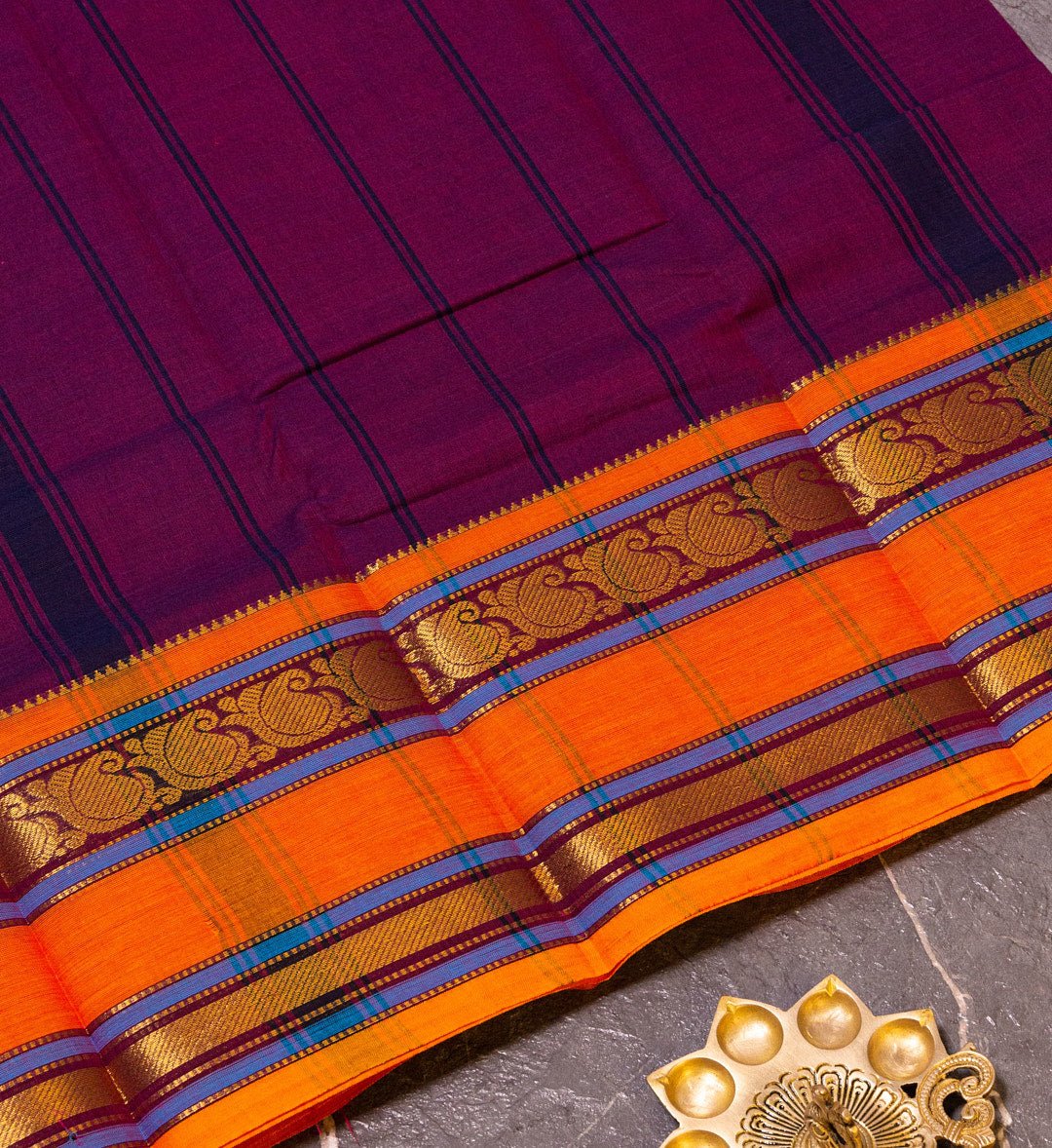 Enchant Your Ethnic Wardrobe with Our Bright Purple and Orange Long Zari Border Saree - swadeshsouq.com