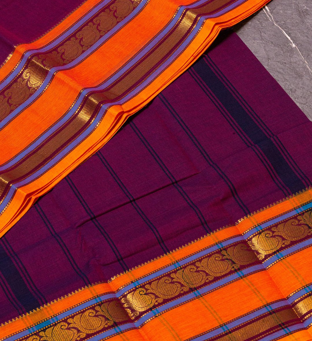 Enchant Your Ethnic Wardrobe with Our Bright Purple and Orange Long Zari Border Saree - swadeshsouq.com