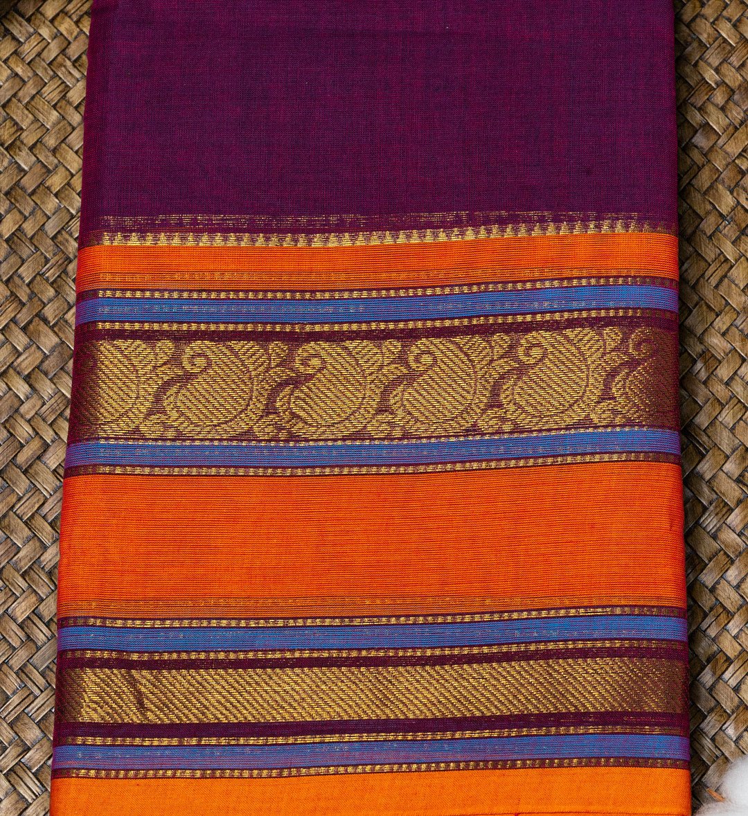 Enchant Your Ethnic Wardrobe with Our Bright Purple and Orange Long Zari Border Saree - swadeshsouq.com