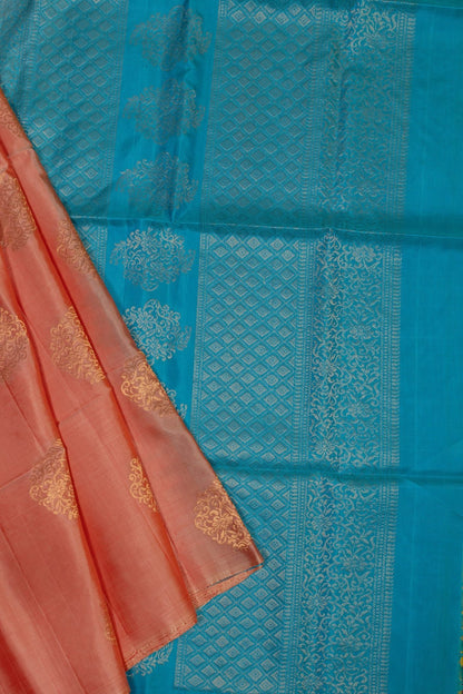 ENCHANTING BLISS: LIGHT PEACH AND SKY BLUE KANJEEVARAM SILK SAREE - swadeshsouq.com