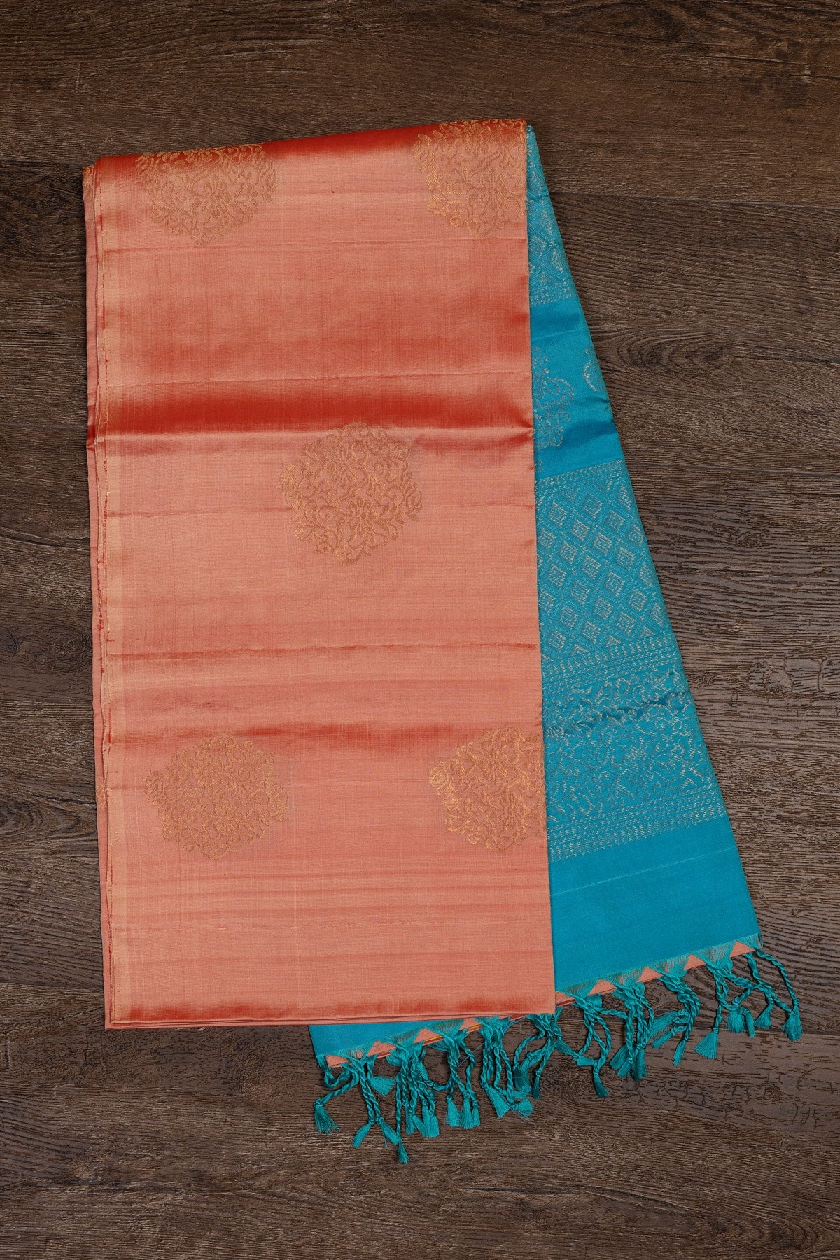 ENCHANTING BLISS: LIGHT PEACH AND SKY BLUE KANJEEVARAM SILK SAREE - swadeshsouq.com