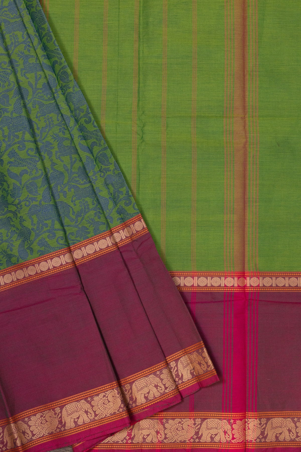 Enchanting Contrasts: Lime Green and Pink Vanasingaram Saree - swadeshsouq.com