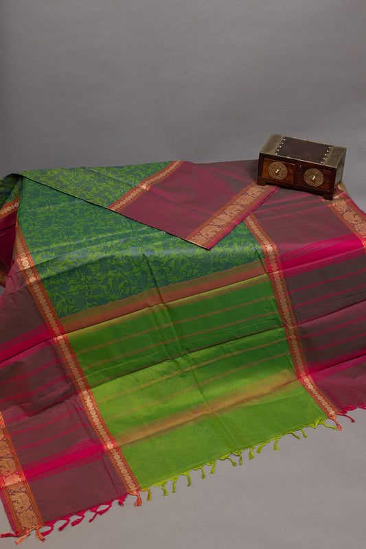 Enchanting Contrasts: Lime Green and Pink Vanasingaram Saree - swadeshsouq.com