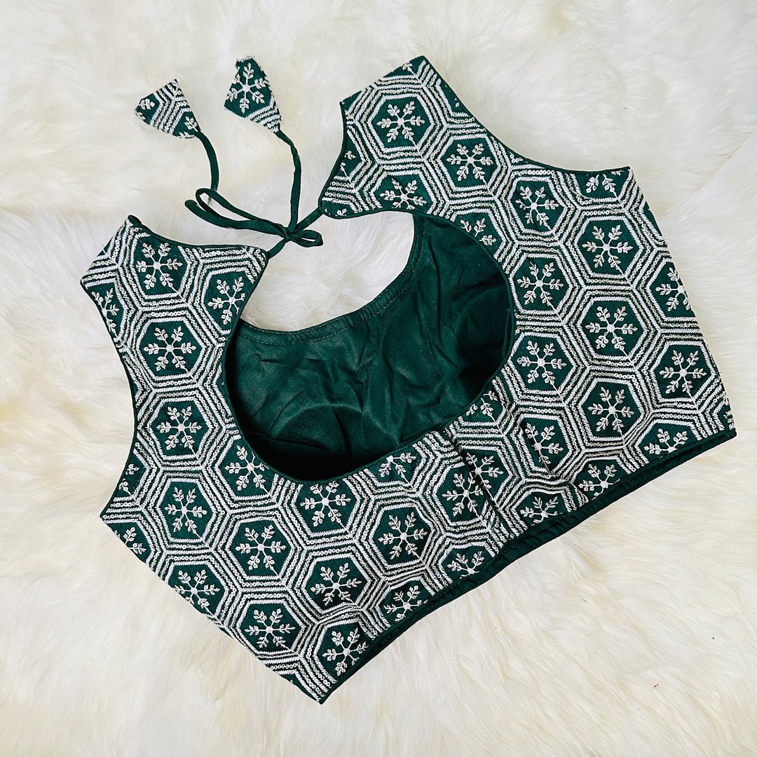 Enchanting Evergreen: Dark Green Raw Silk Blouse with Inricate Embroidery and Sequin Detailing - swadeshsouq.com