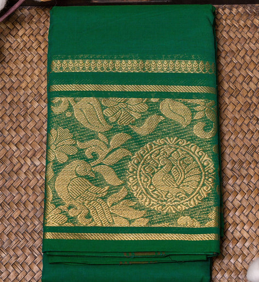 Adorn yourself with Green Chettinad Cotton Saree w/ Hamsa Design Embellishments from swadeshsouq.com for enchanting beauty.