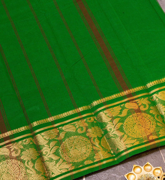 Adorn yourself with Green Chettinad Cotton Saree w/ Hamsa Design Embellishments from swadeshsouq.com for enchanting beauty.