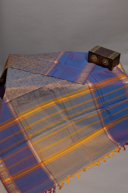 Enchanting Melody: Grey and Blue Vanasingaram Saree - swadeshsouq.com