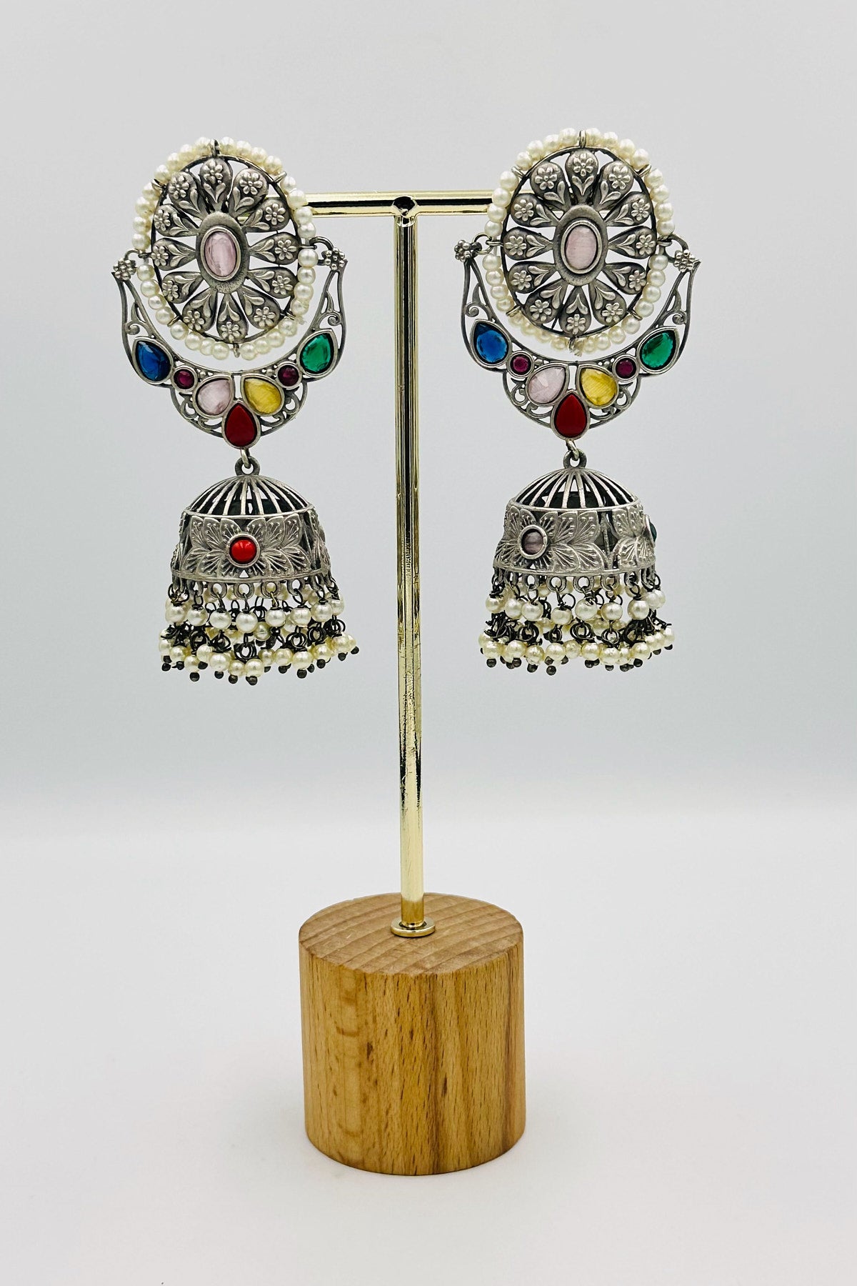 Enchanting Multicolor Gemstone & Pearl-Adorned Silver Jhumkas - swadeshsouq.com