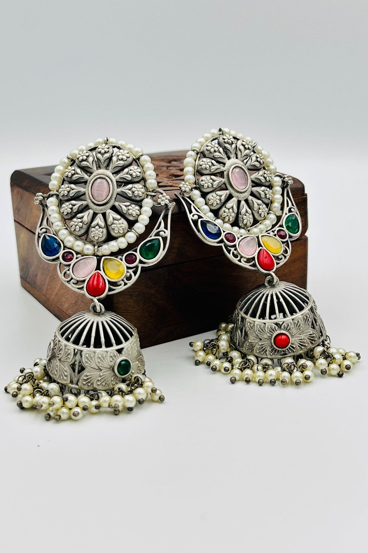 Enchanting Multicolor Gemstone & Pearl-Adorned Silver Jhumkas - swadeshsouq.com