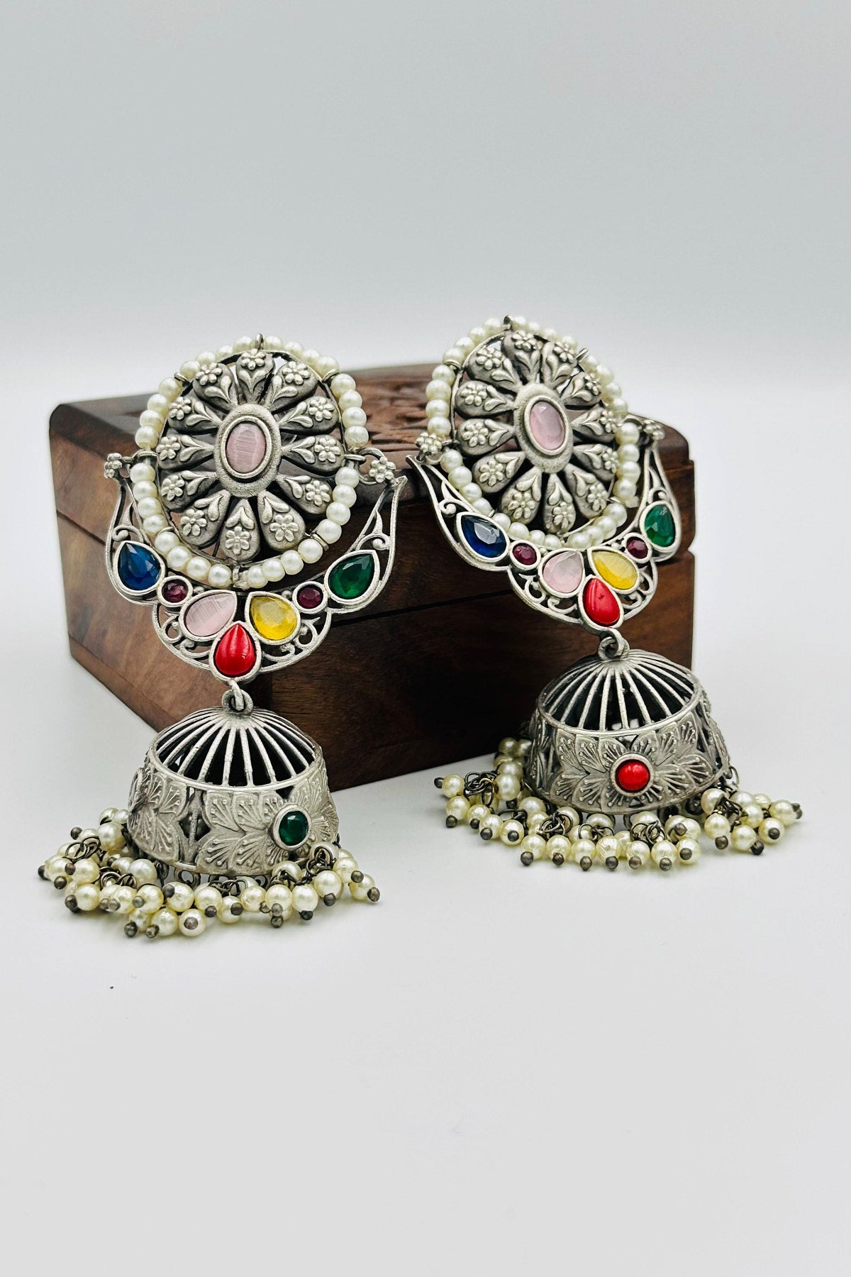 Enchanting Multicolor Gemstone & Pearl-Adorned Silver Jhumkas - swadeshsouq.com