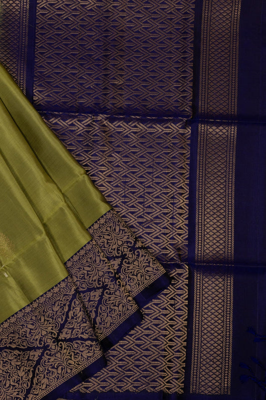 ETHEREAL ELEGANCE: OLIVE GREEN AND VIOLET KANJEEVARAM SILK SAREE WITH CONTRAST ZARI BORDERS - swadeshsouq.com