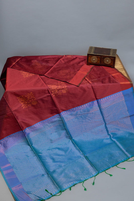 ETHEREAL FUSION: RED AND BLUE KANJEEVARAM SEMI-SILK SAREE - swadeshsouq.com