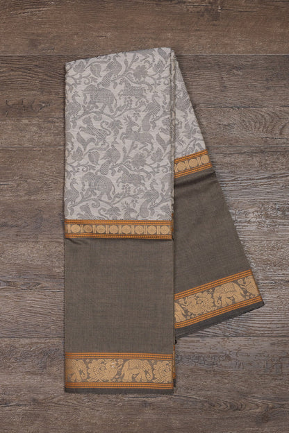 Ethereal Symphony: Cream White and Grey Vanasingaram Saree - swadeshsouq.com