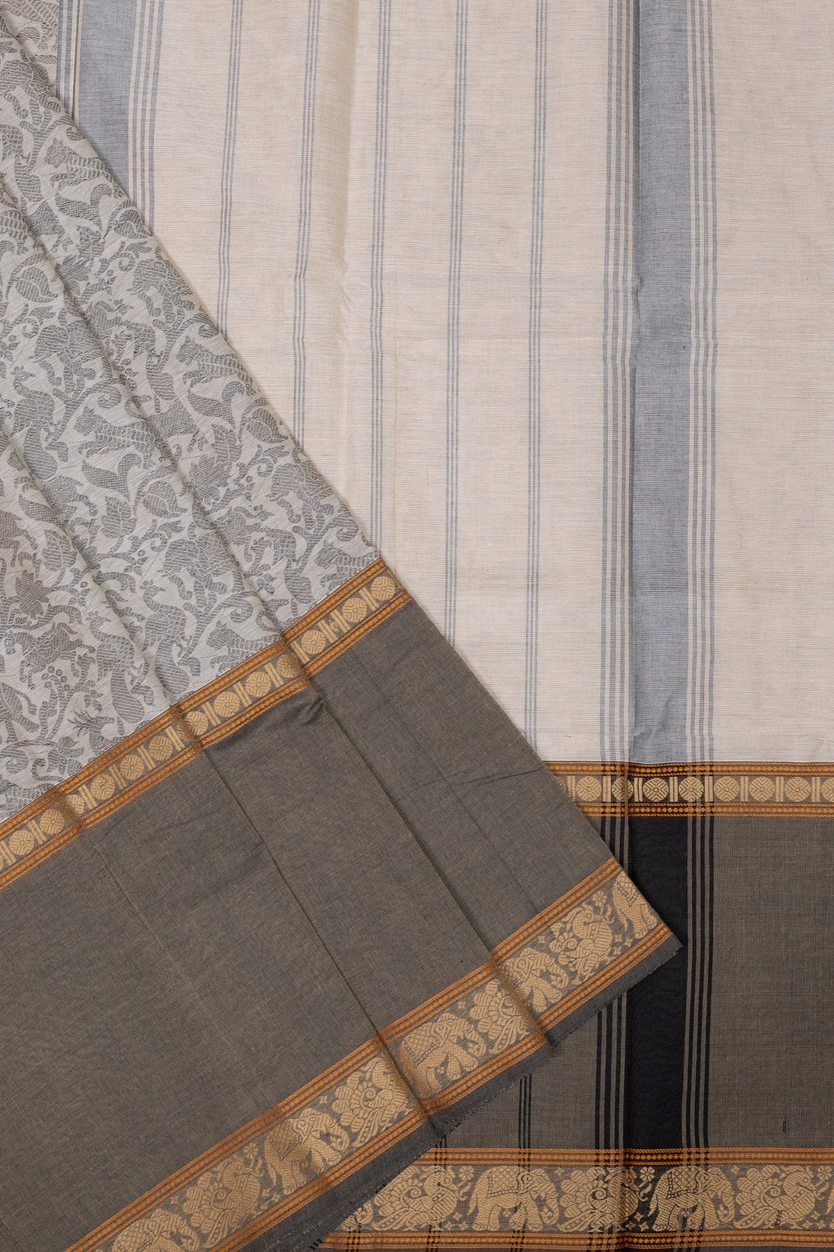 Ethereal Symphony: Cream White and Grey Vanasingaram Saree - swadeshsouq.com