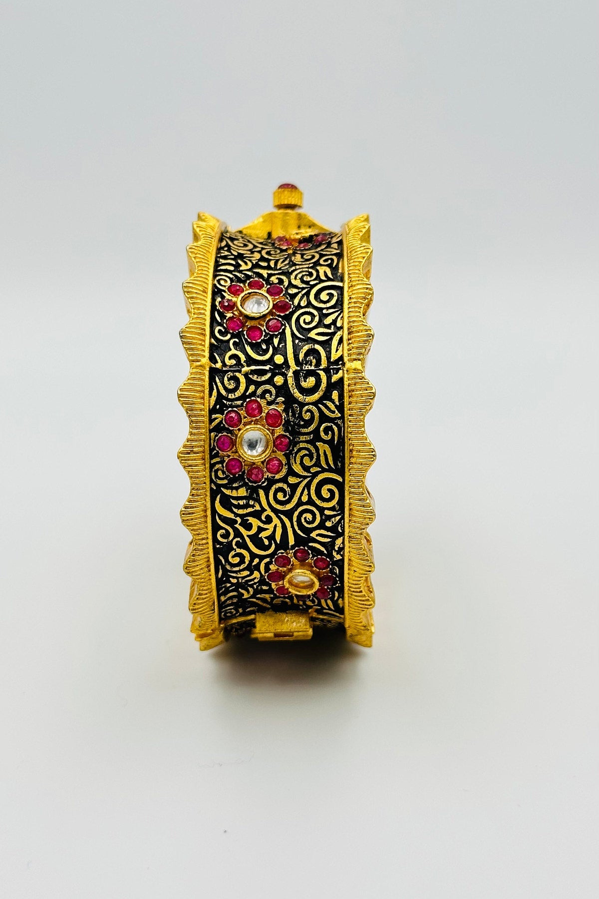 Experience the Charm of Vintage Glamour with our Antique Design Bangles in Rani Pink and Black. - swadeshsouq.com