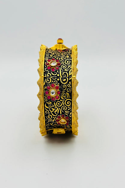 Experience the Charm of Vintage Glamour with our Antique Design Bangles in Rani Pink and Black. - swadeshsouq.com