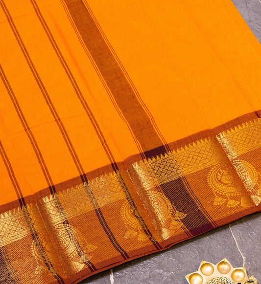 Get ethnic charm with Dark Orange/Brown Chettinad Cotton Saree w/ Jewel Design Embellishments from swadeshsouq.com.