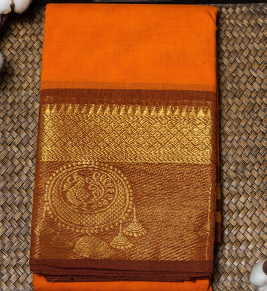 Get ethnic charm with Dark Orange/Brown Chettinad Cotton Saree w/ Jewel Design Embellishments from swadeshsouq.com.