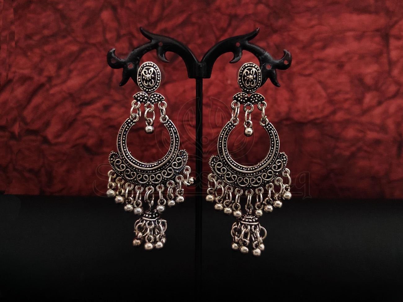 Exquisite Oxidized Silver Antique Chand Bali Earrings - swadeshsouq.com