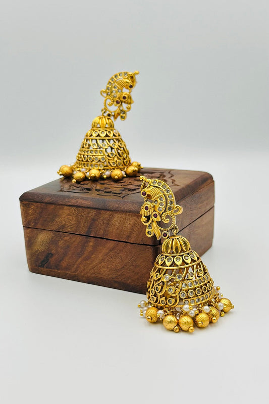 Exquisite Peacock Jhumkas Adorned with Stones and Pearls - swadeshsouq.com