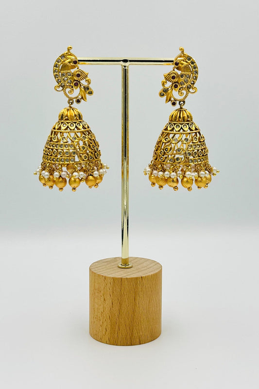 Exquisite Peacock Jhumkas Adorned with Stones and Pearls - swadeshsouq.com