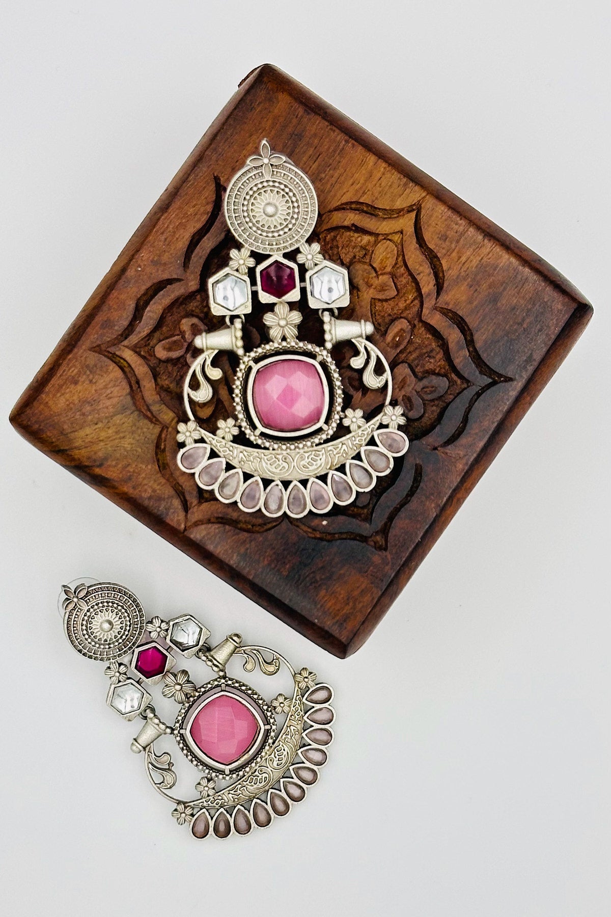 Exquisite Silver Earrings with Pink Stone Embellishments - swadeshsouq.com