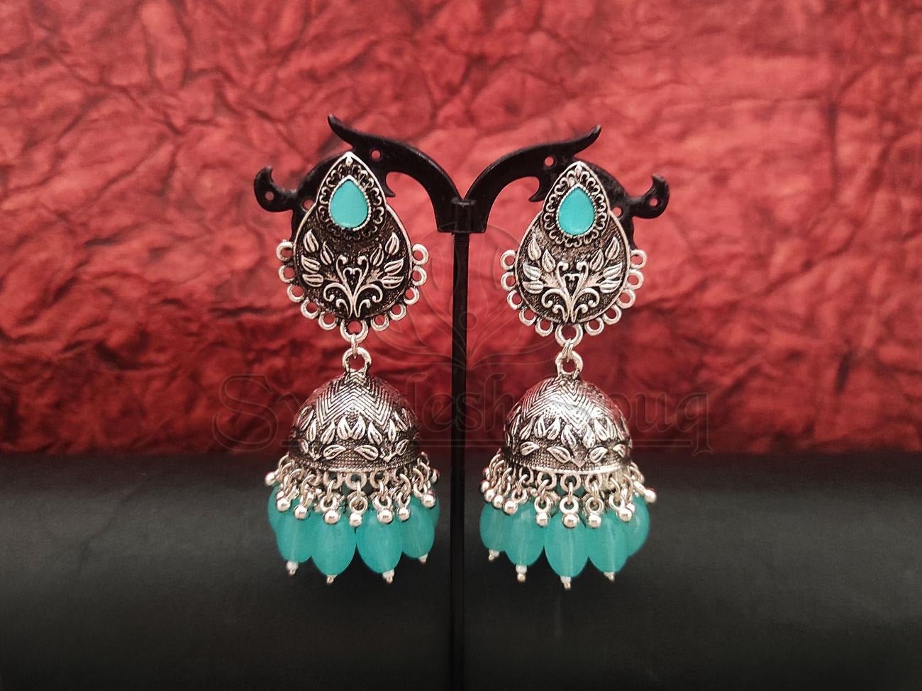 Feroza Beaded Jhumka Earrings In Oxidized Silver . - swadeshsouq.com