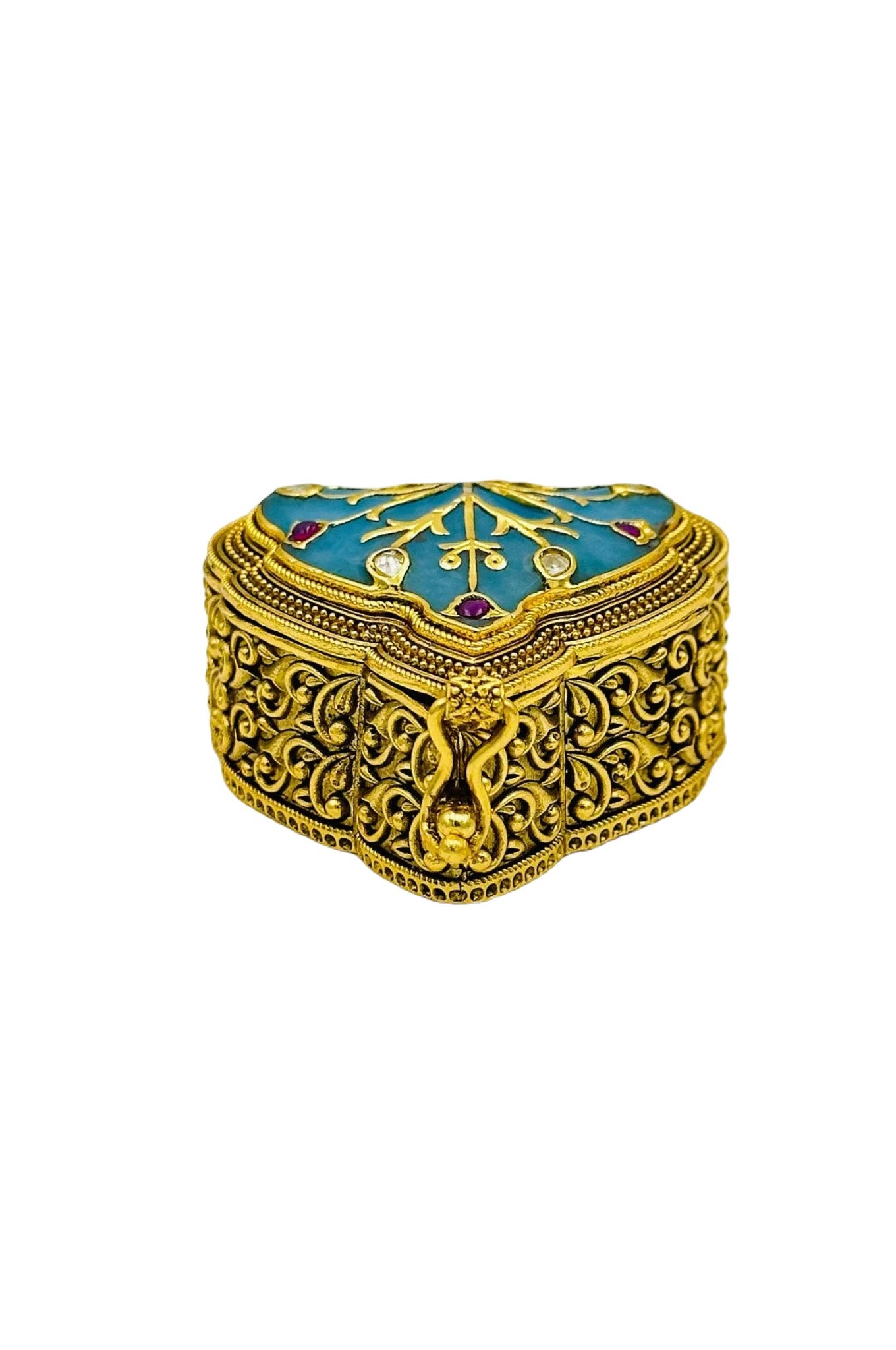 Feroza Jadau Stone Brass Kumkum Box with AD Stone Embellishments - swadeshsouq.com