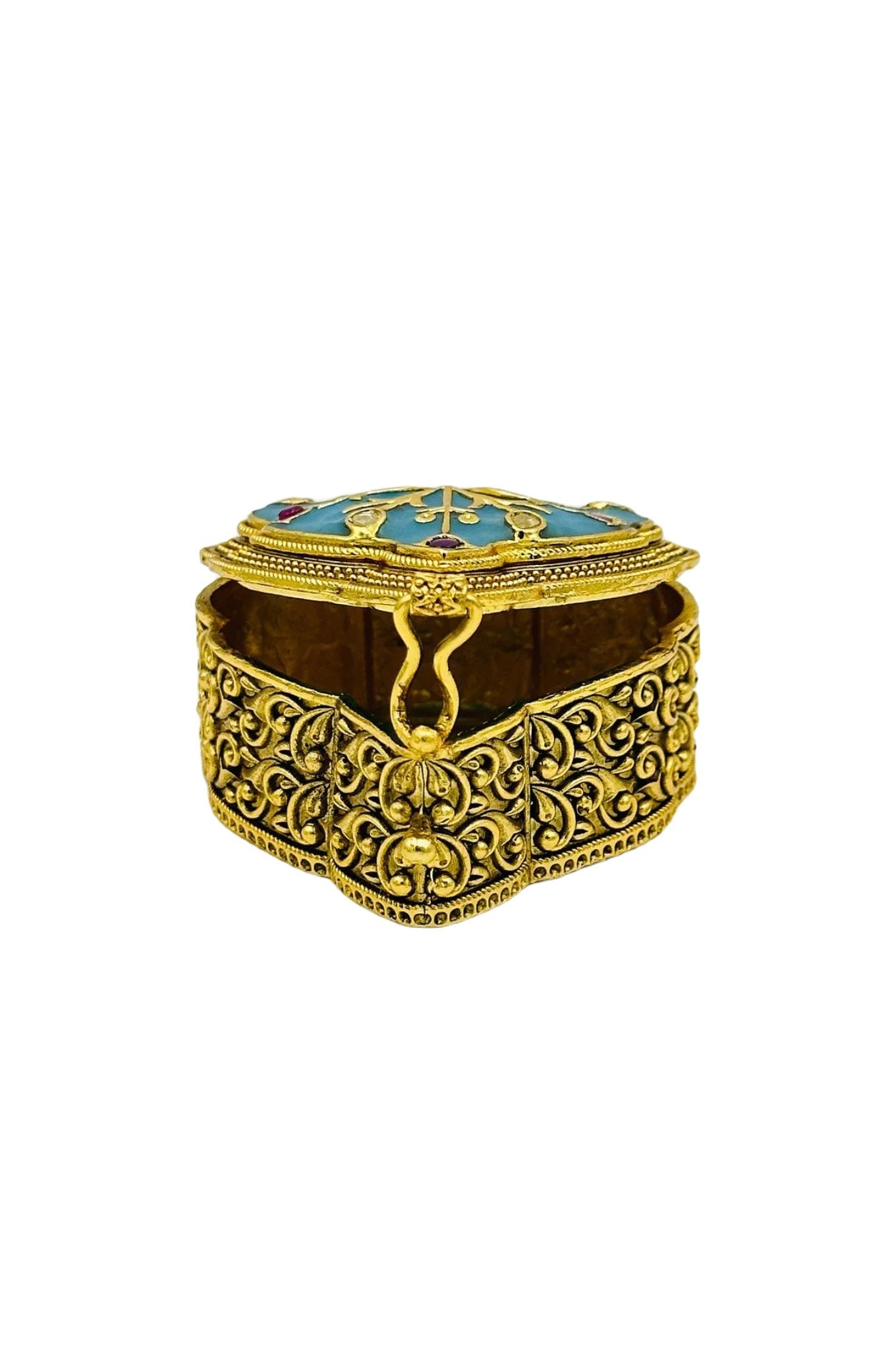 Feroza Jadau Stone Brass Kumkum Box with AD Stone Embellishments - swadeshsouq.com