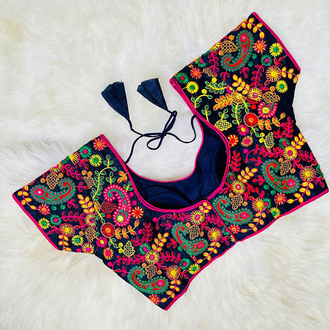 Floral Fantasy: Navy Blue Blouse with Multi-Colored Embroidery. - swadeshsouq.com