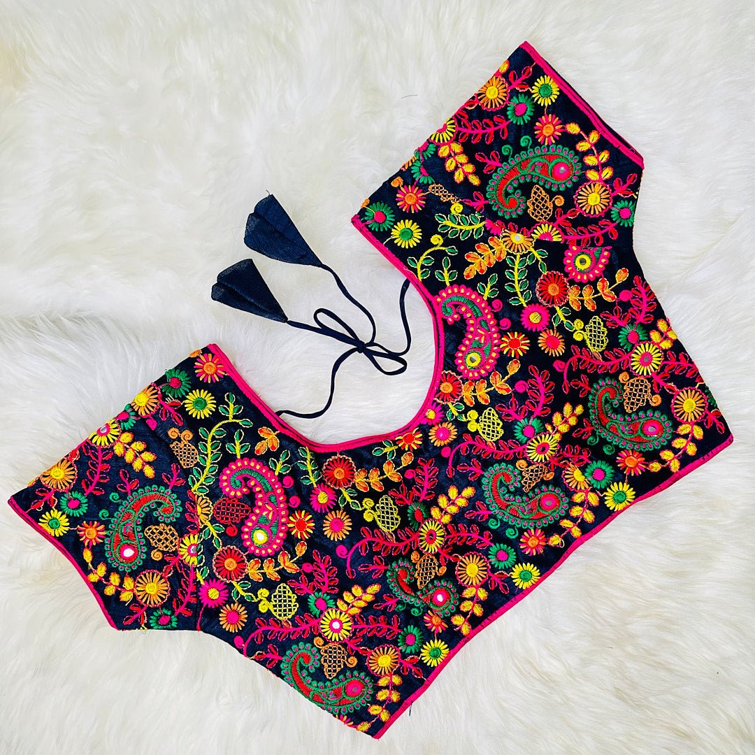 Floral Fantasy: Navy Blue Blouse with Multi-Colored Embroidery. - swadeshsouq.com