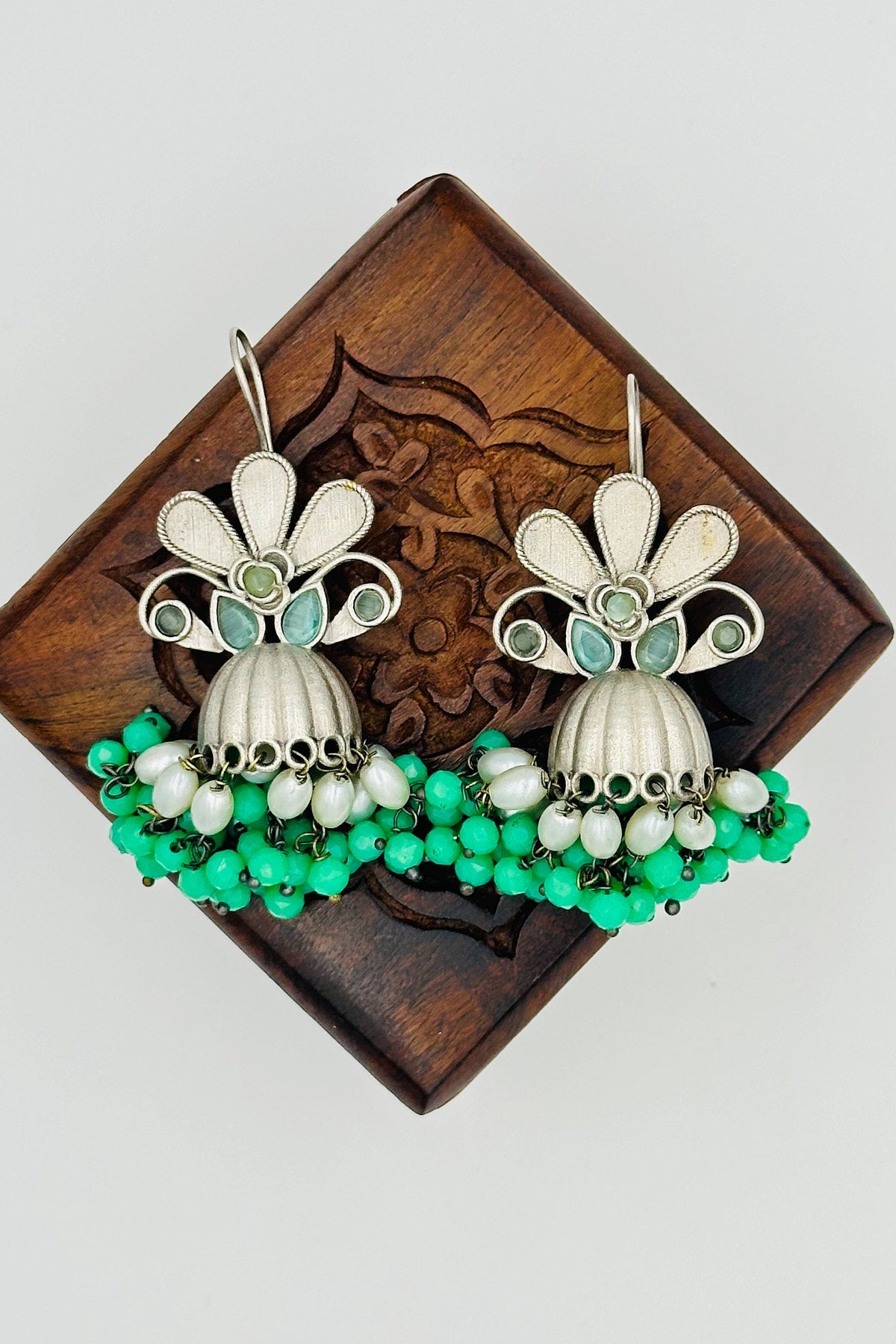 Fluorescent Green Beads Jhumkas - swadeshsouq.com