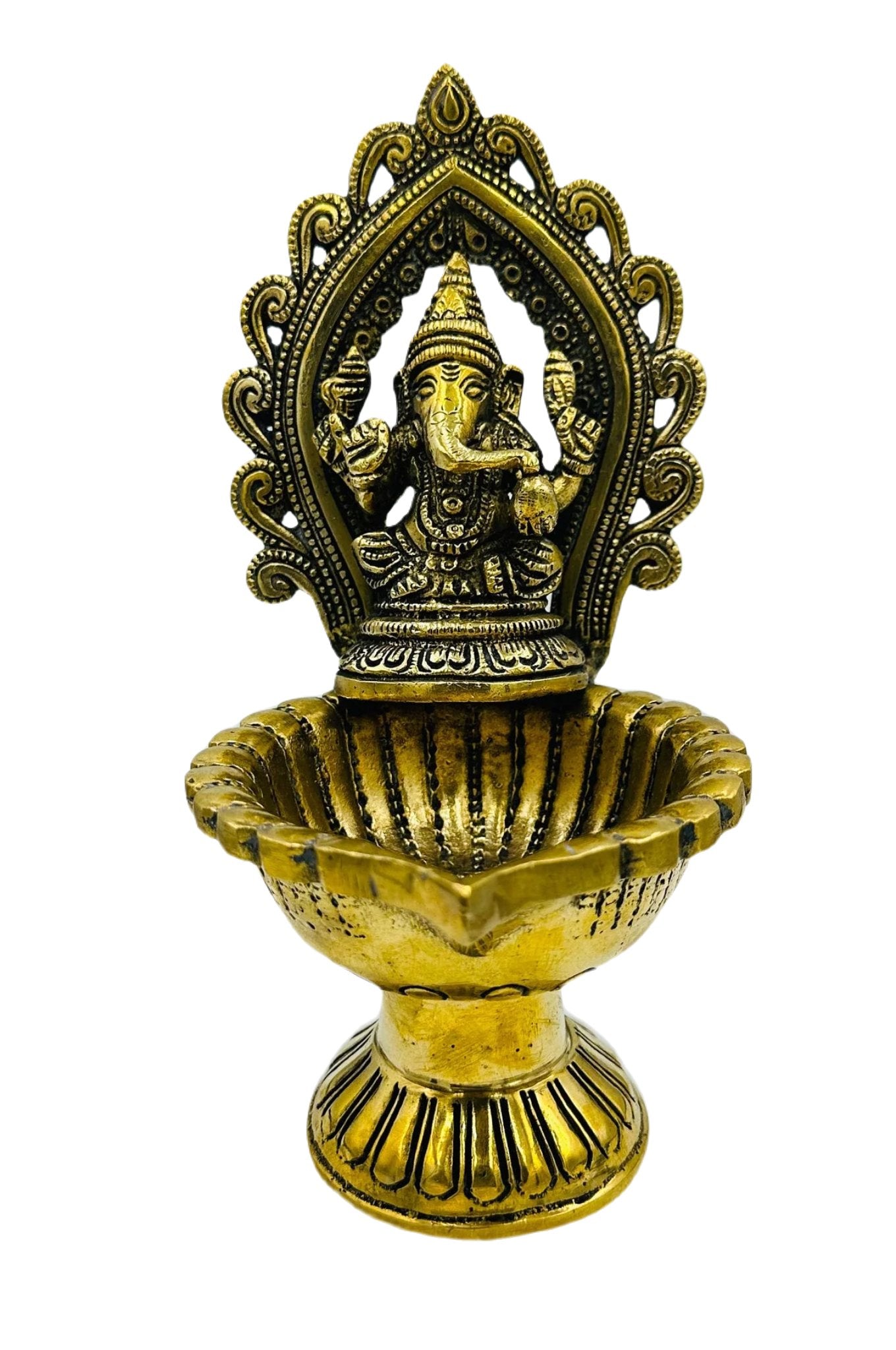 Ganesh Diya in Pure Brass with Exquisite Nagas Work and Antique Finish - swadeshsouq.com