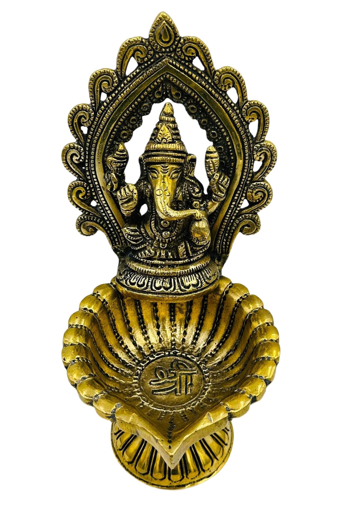 Ganesh Diya in Pure Brass with Exquisite Nagas Work and Antique Finish - swadeshsouq.com