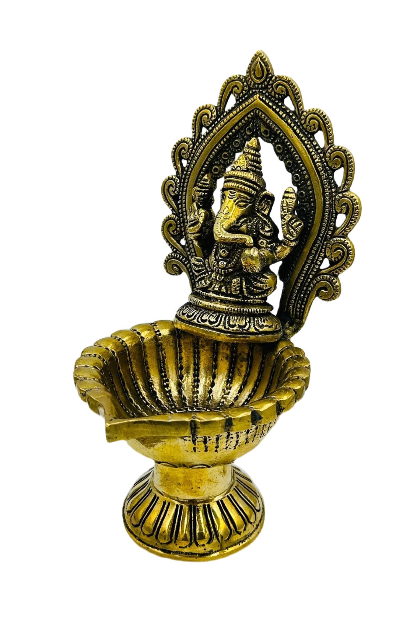 Ganesh Diya in Pure Brass with Exquisite Nagas Work and Antique Finish - swadeshsouq.com