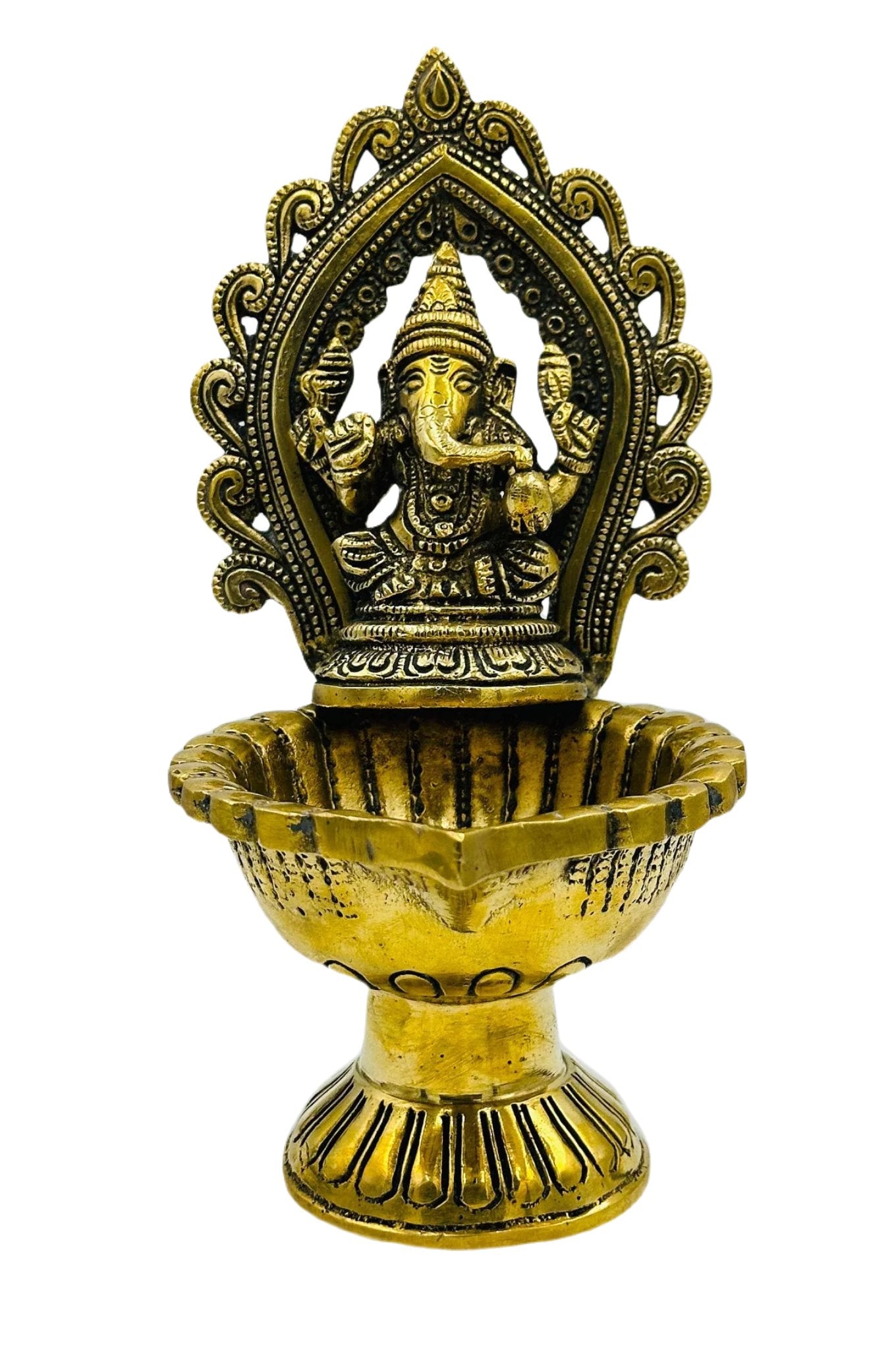 Ganesh Diya in Pure Brass with Exquisite Nagas Work and Antique Finish - swadeshsouq.com