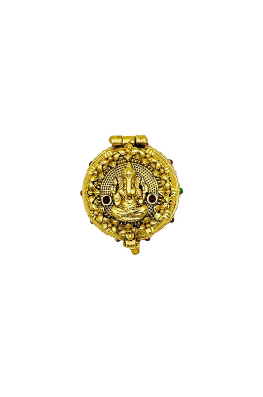 Ganesh Kumkum Box in Nagas Design Adorned with Kemp Stones - swadeshsouq.com